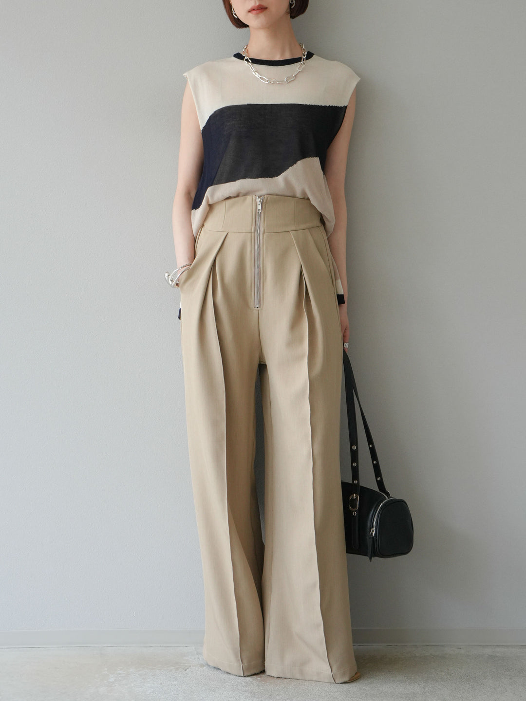 [SET]バイカラーシアーニットノースリーブ+ジップタックワイドパンツ(2set)