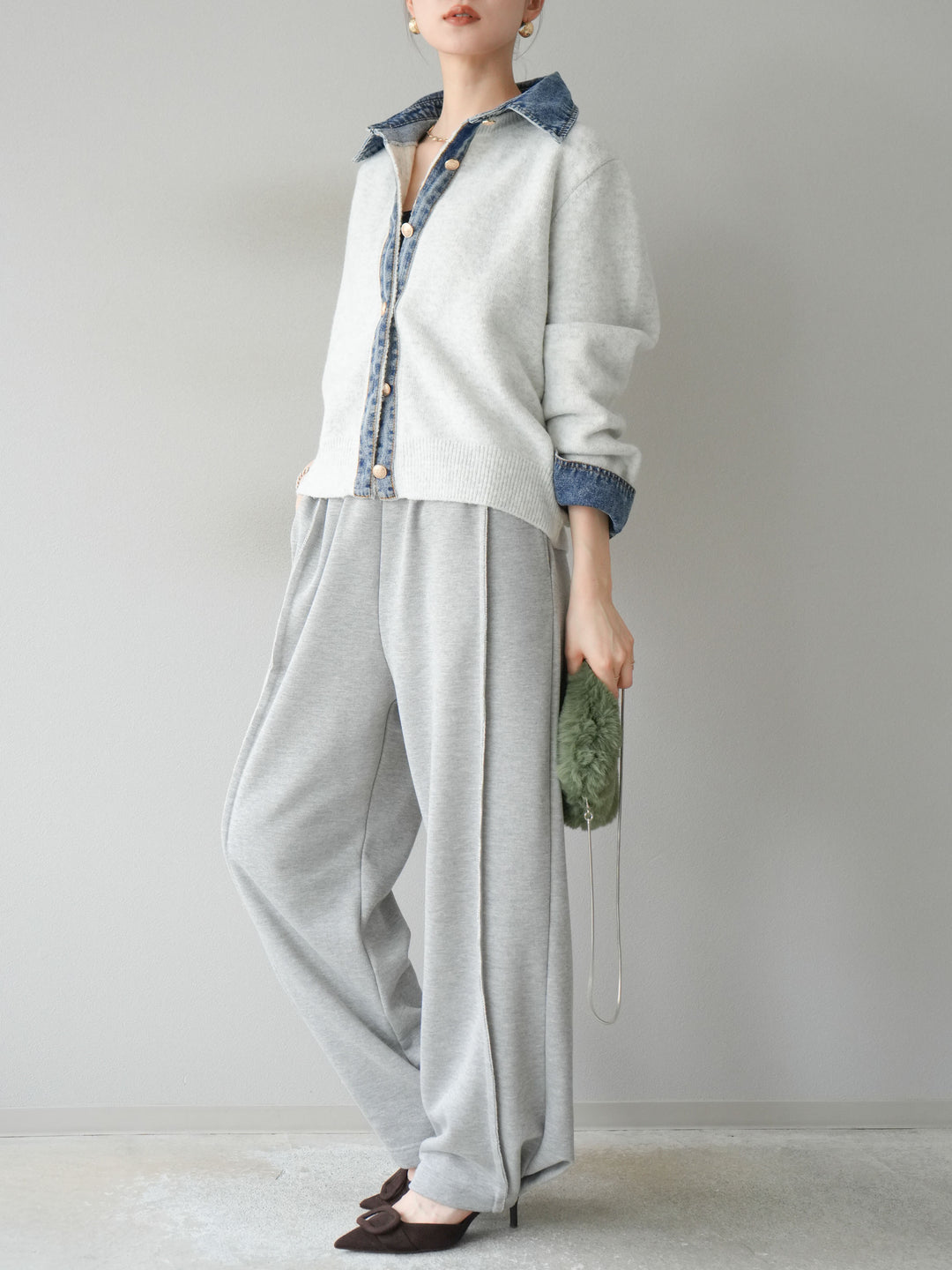 [SET]デニム襟ボタンニットカーディガン+2WAYデザインスウェットパンツ(2set)