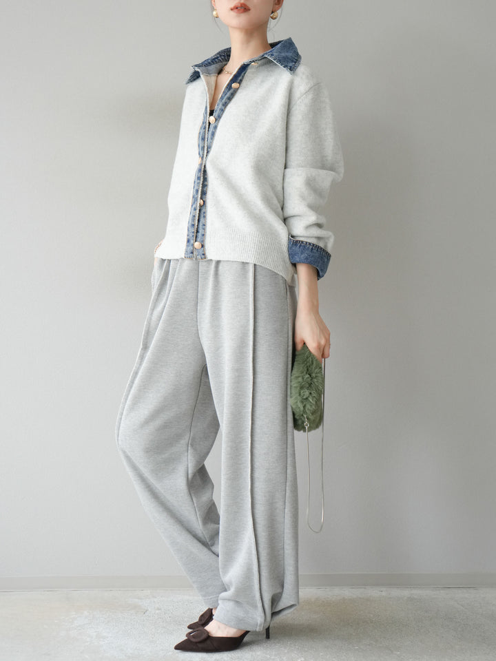 [SET]デニム襟ボタンニットカーディガン+2WAYデザインスウェットパンツ(2set)