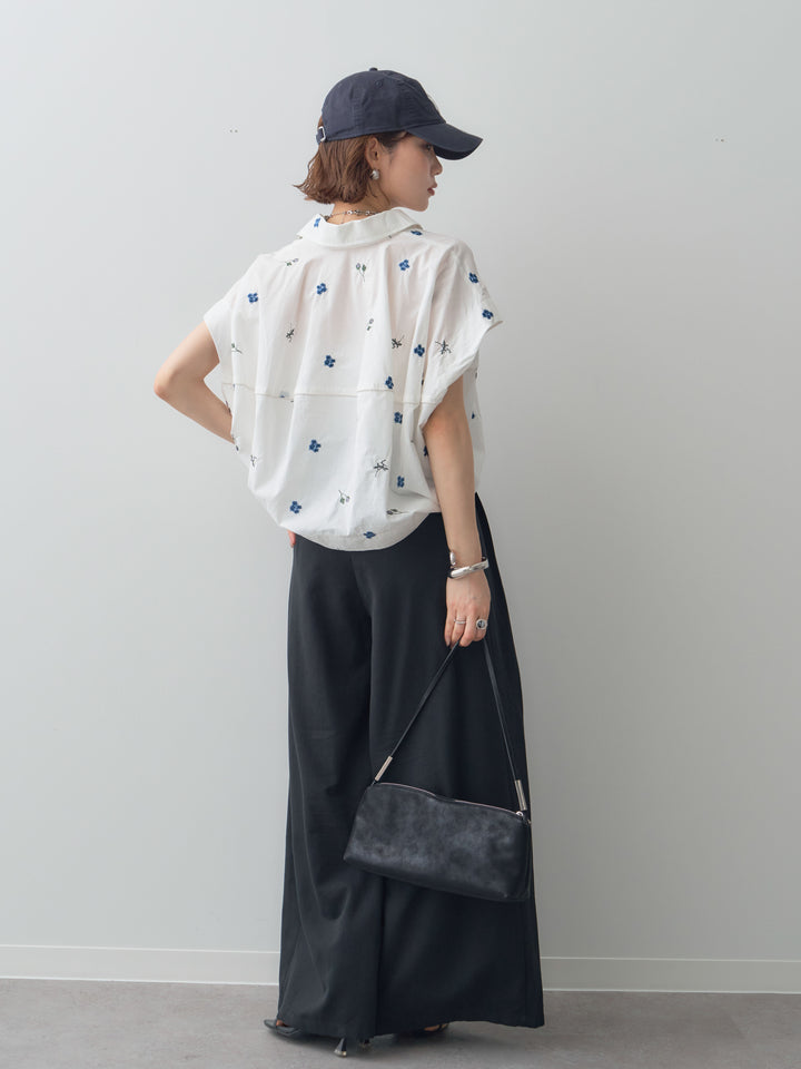 【套裝】花卉刺繡燈籠無袖襯衫+腰帶設計環扣闊腿褲（兩件套）