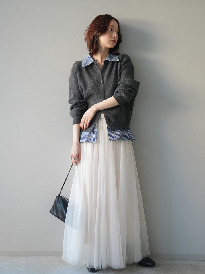 [SET]チェックシャツ襟ニットカーディガン+チュールボリュームスカート(2set)