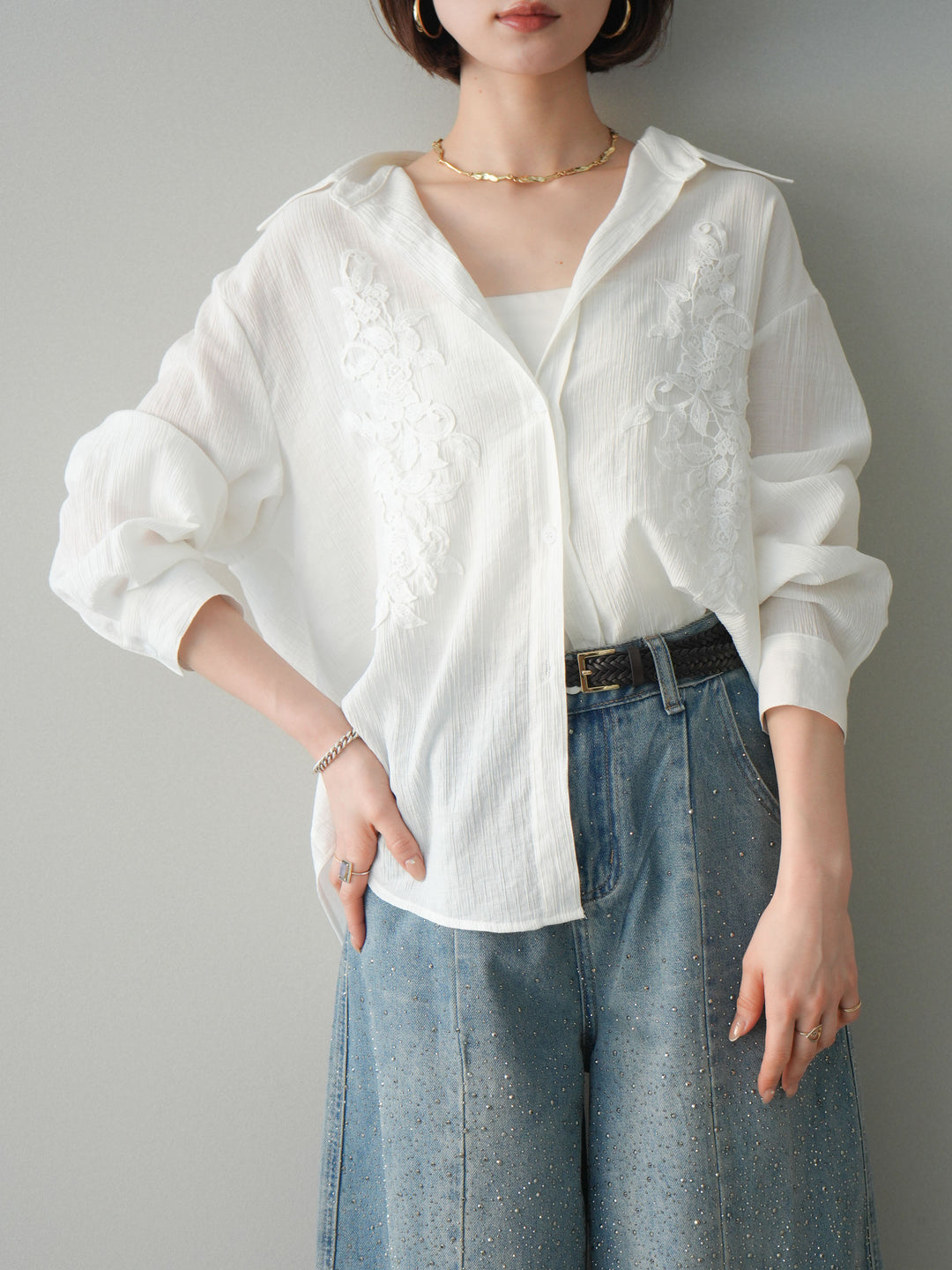 [SET]楊柳刺繍ブラウス+フロントビジューカーブデニムパンツ(2set)