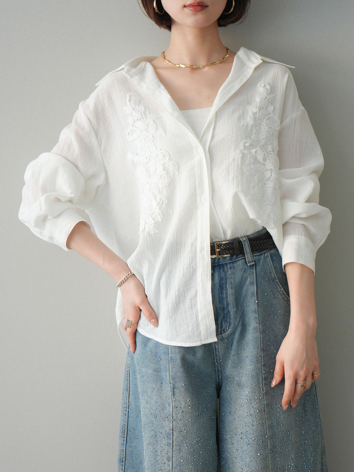 [SET]楊柳刺繍ブラウス+フロントビジューカーブデニムパンツ(2set)