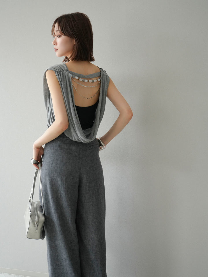 [予約]ビーズチェーン付ドレープトップス/グレー