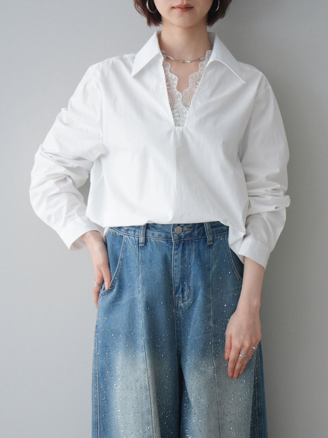 [SET]レースネックスキッパーブラウス+フロントビジューカーブデニムパンツ(2set)