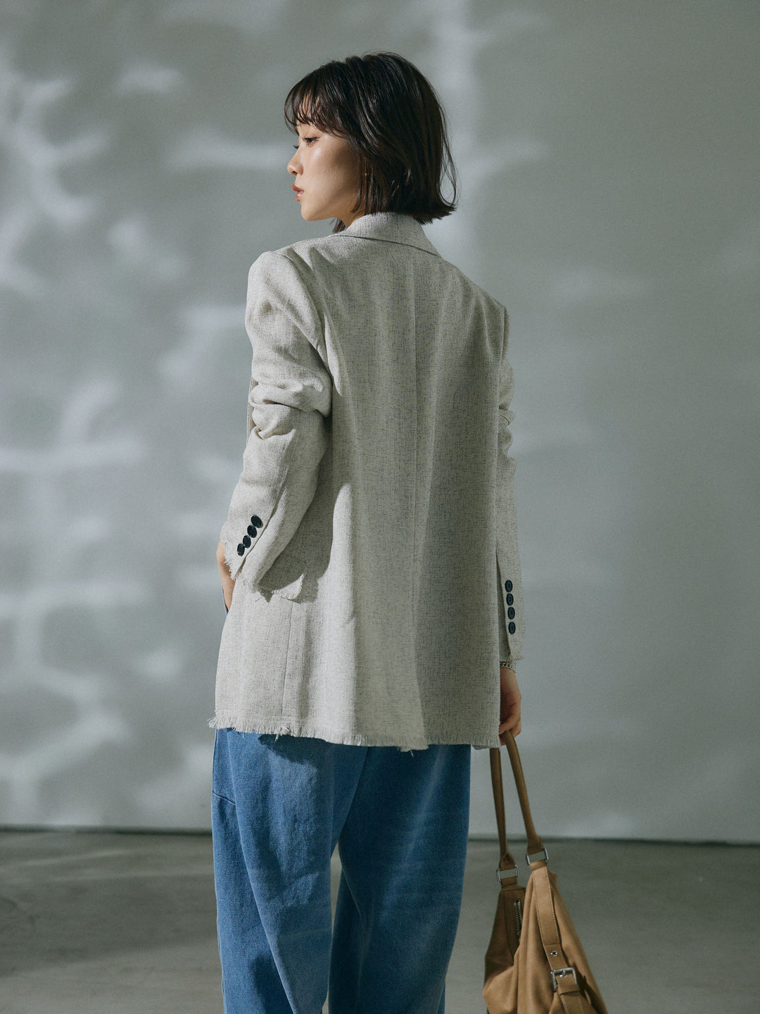 【Allure】[SET]スラブツイードフリンジテーラージャケット+ハイウエストベルトループデザインデニムパンツ(2set)