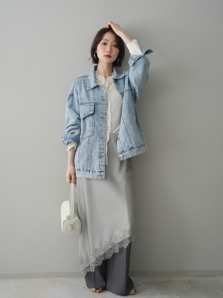 [SET]デザインBIGポケットオーバーデニムジャケット+サテンライクアシメレーススカート+センターシームフレアパンツ(3set)