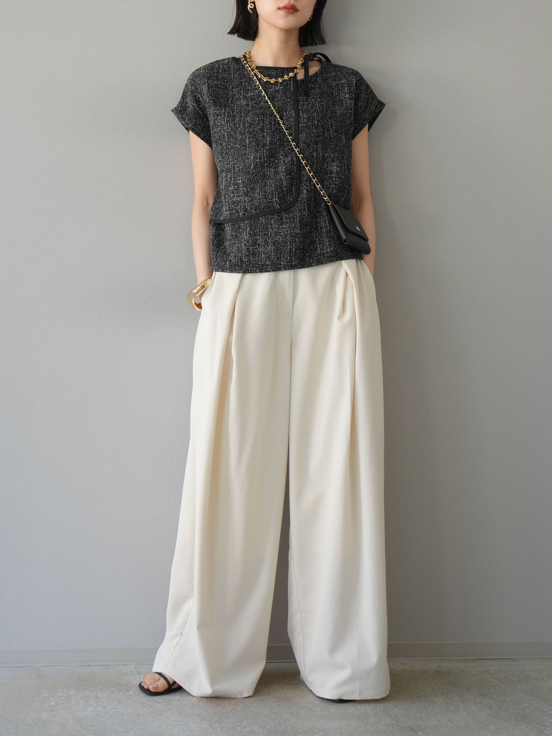[SET]サマーツイードケープデザインプルオーバー+クレープシフォンタックワイドパンツ(2set)