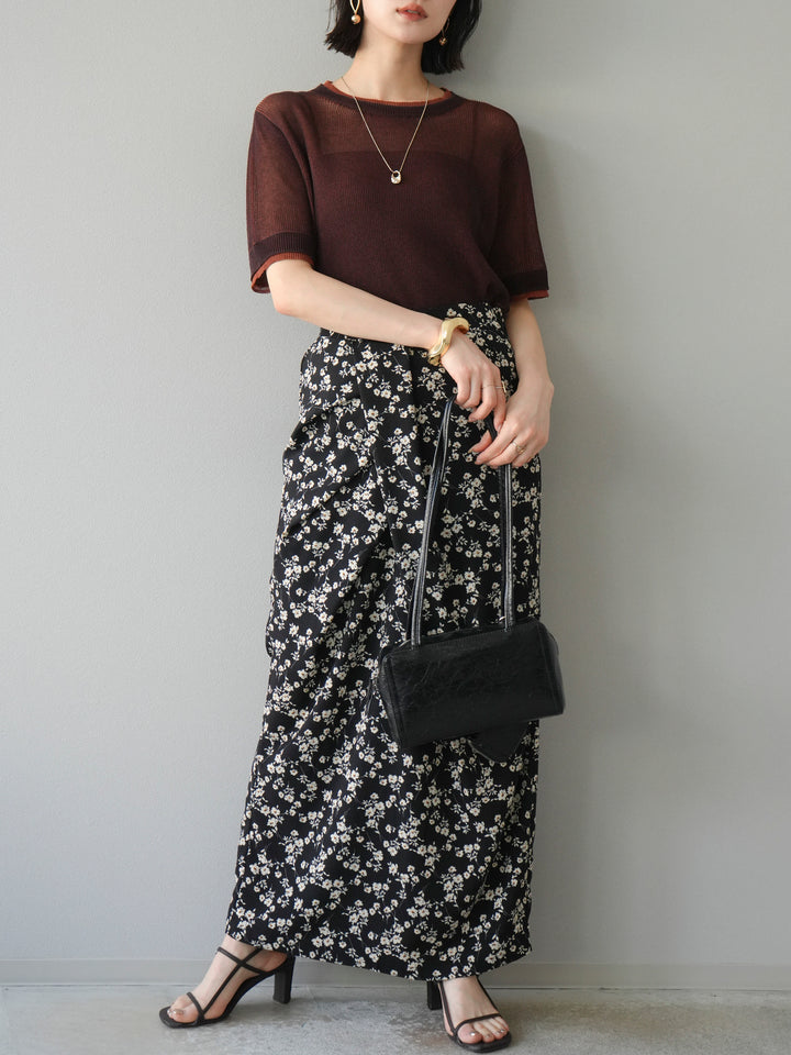 [SET]リネンタッチ配色二重臼ハーフニットトップス+選べるアソート柄スカートセット(2set)