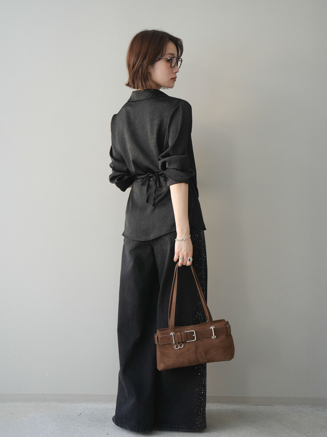 [予約]サイドビジューワイドデニムパンツ/black