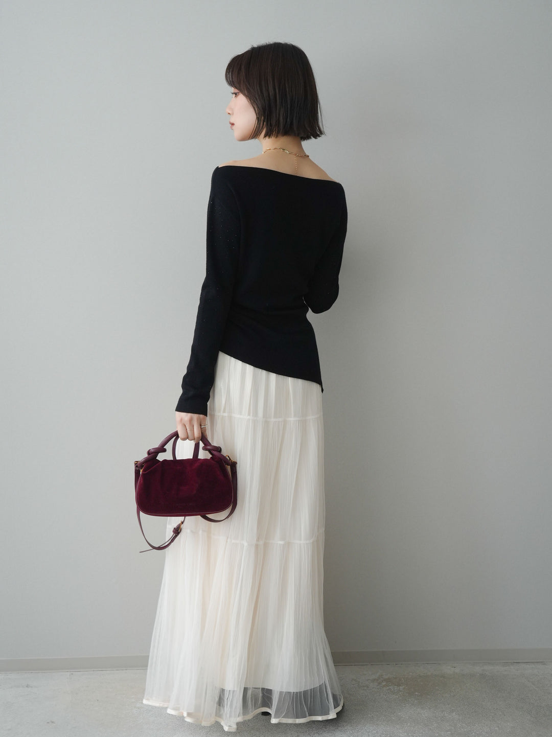 [SET]ラインストーンアシンメトリーニットトップス+ラメプリーツレイヤードチュールロングスカート(2set)