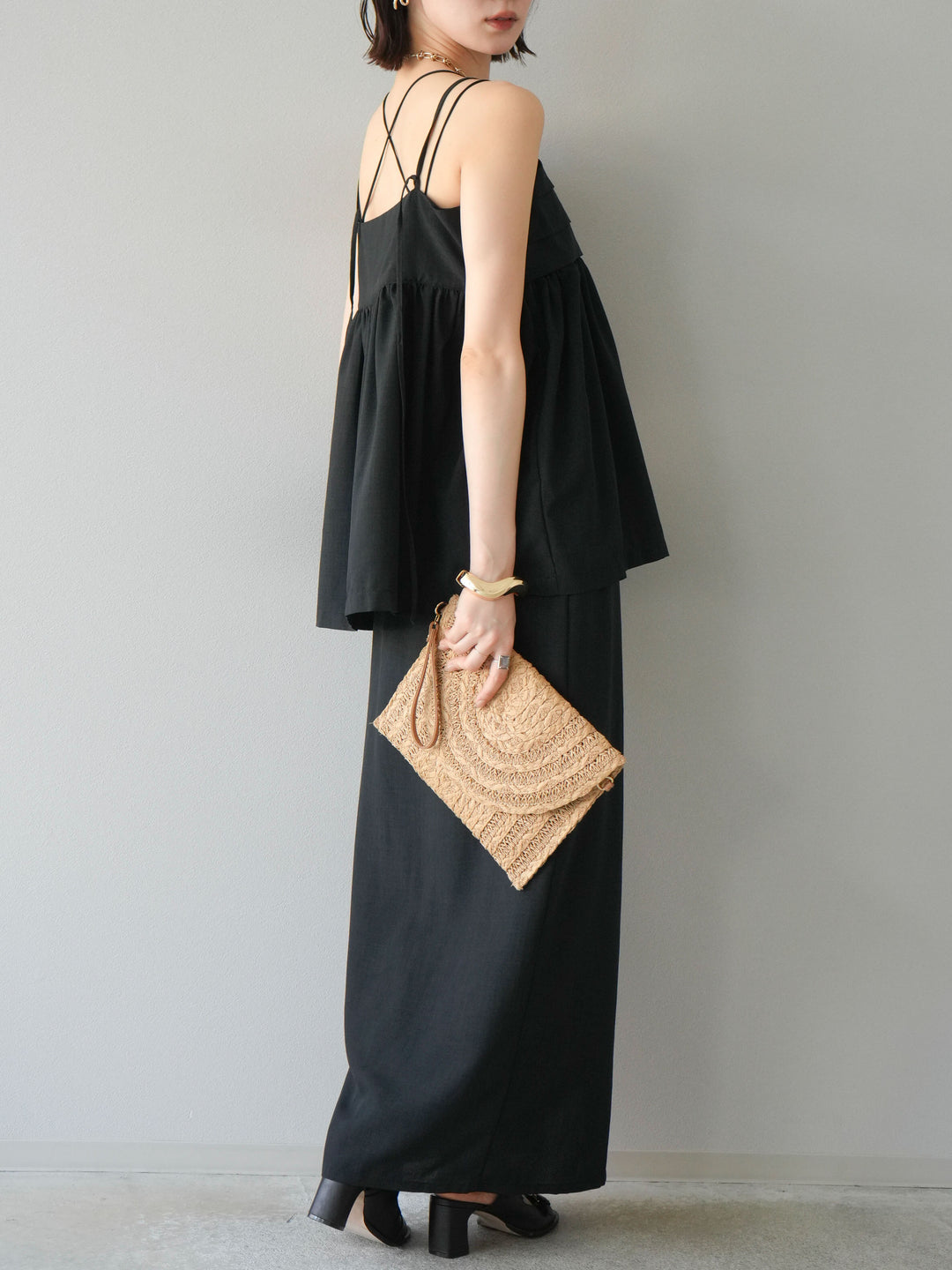 [予約]リネンライクZIPスリットタイトスカート/ブラック