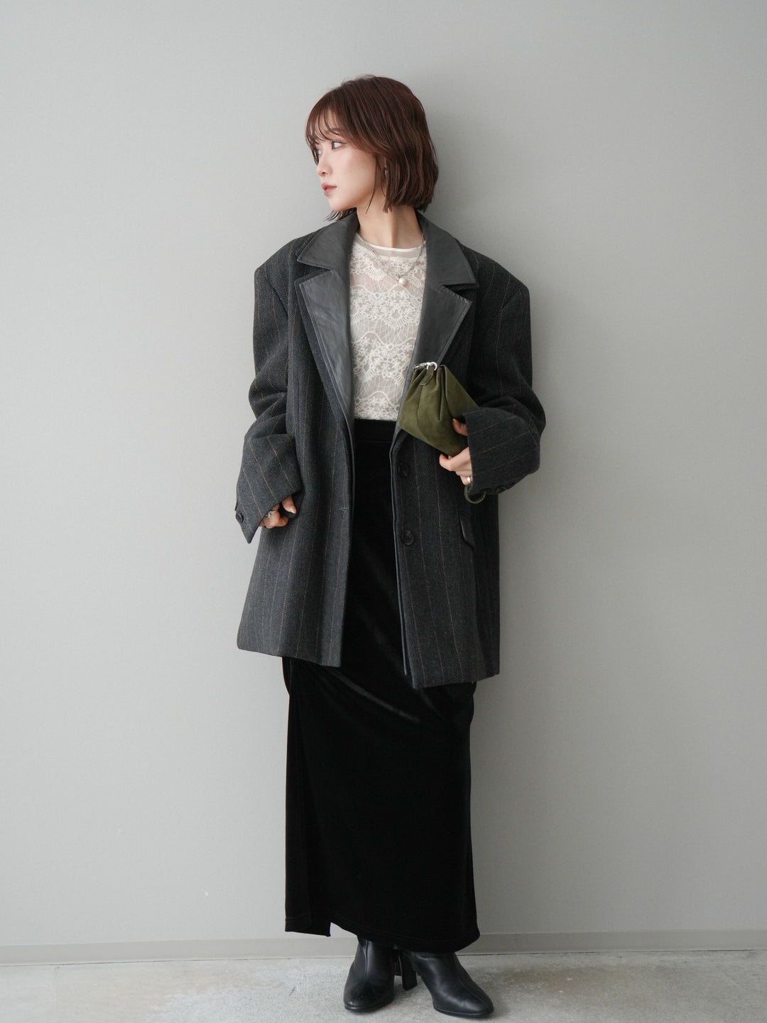 [SET]レイヤードデザインツイードテーラードジャケット+チュールレーストップス+ギャザーベロアスカート(3set)