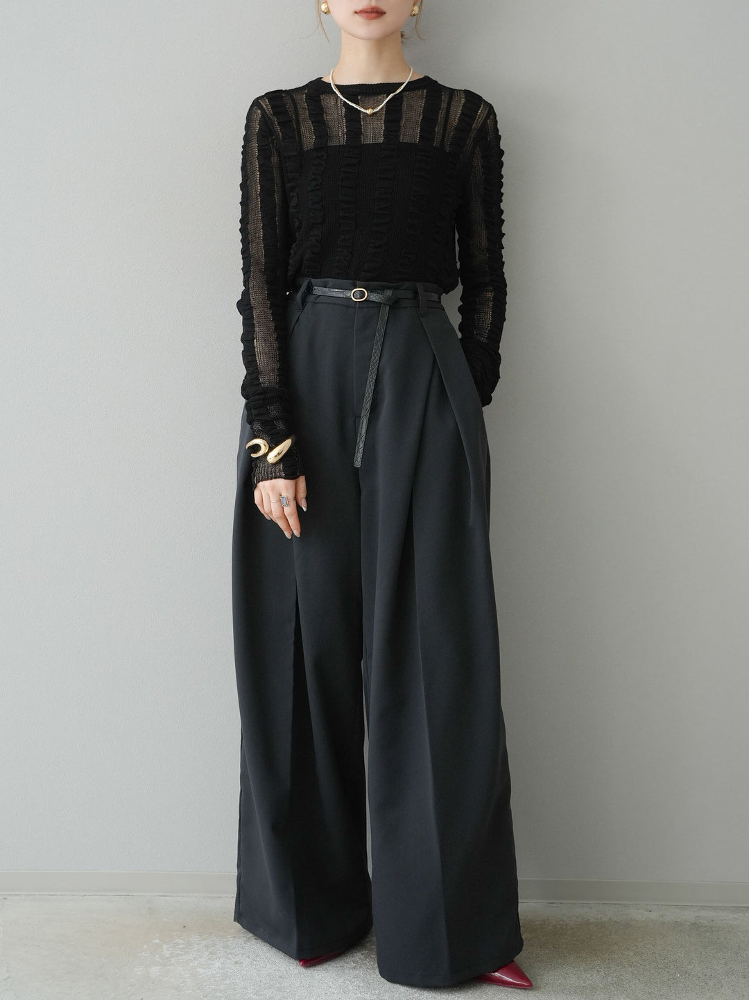 [予約]リネンタッチシャーリングニットトップス/ブラック