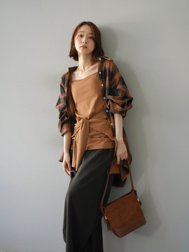 [予約]カップ付キャミ付チェックシャツチュニック/ブラウン