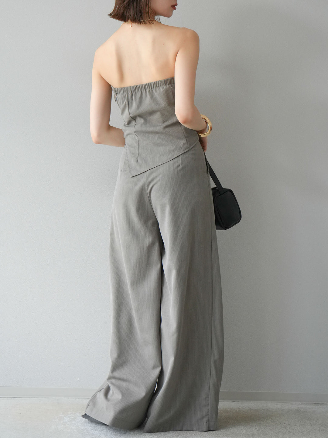 [SET] 條紋褶襉露肩上衣＆寬褲 SET UP (2set)