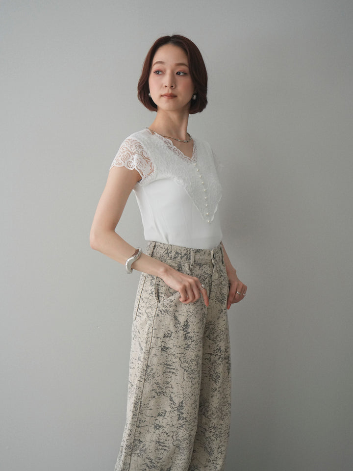 [SET]パールボタンレース切替ニットトップス+ジャガードカーブデニムパンツ(2set)