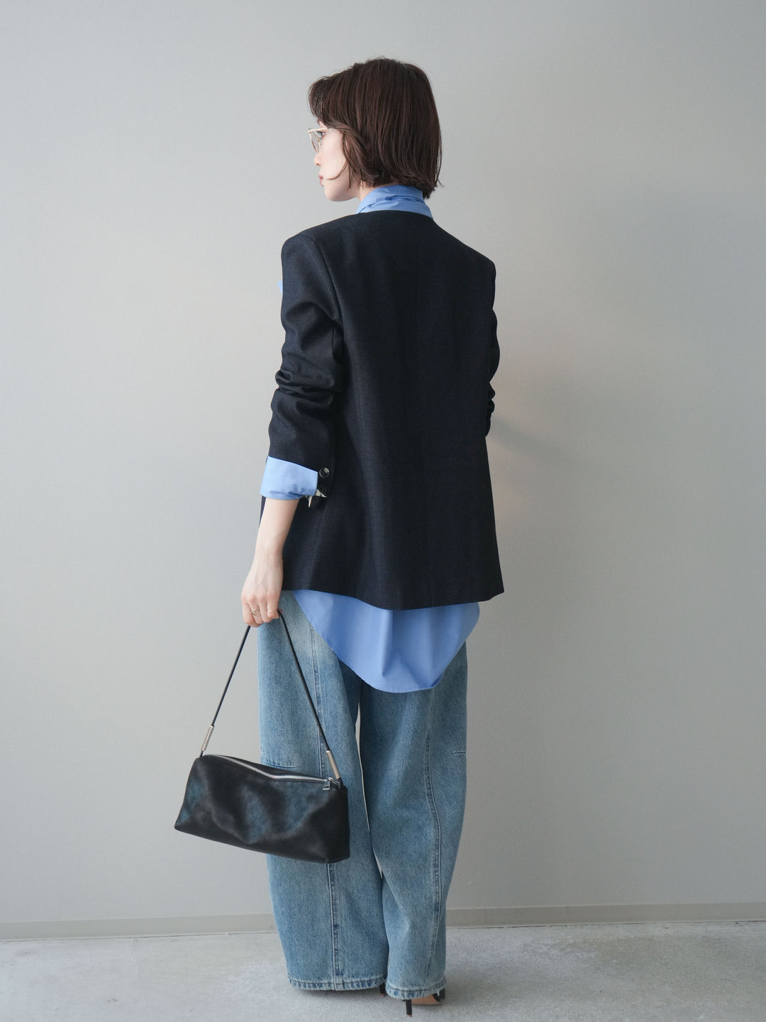 [SET]ノーカラージャケット+ボウタイ付オーバーシャツ+ガーメントウォッシュカーブデニムパンツ(3set)