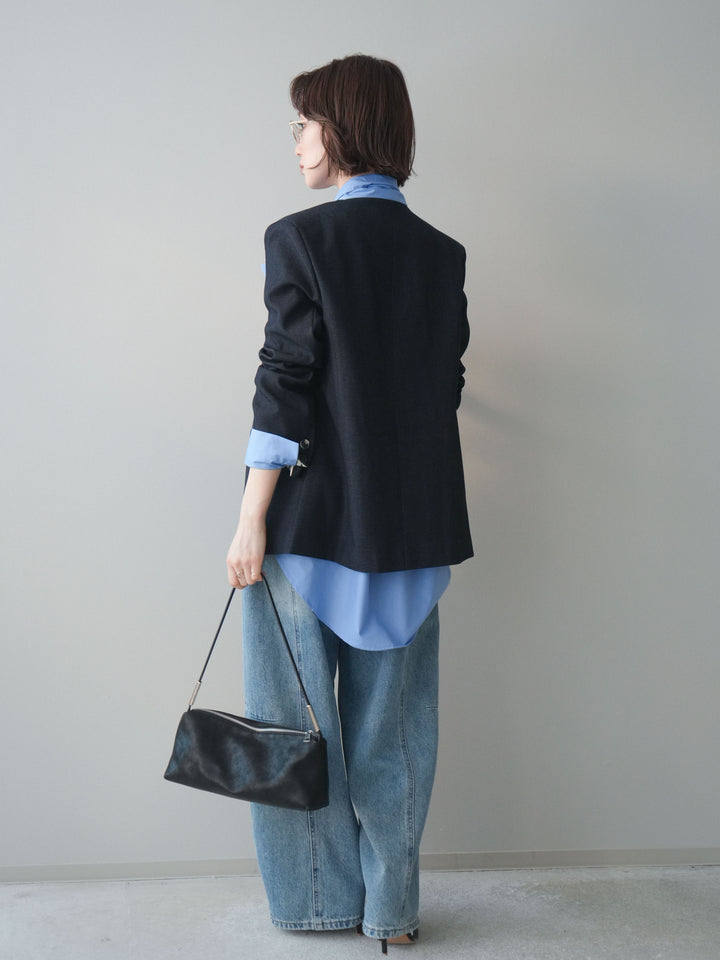 [SET]ノーカラージャケット+ボウタイ付オーバーシャツ+ガーメントウォッシュカーブデニムパンツ(3set)