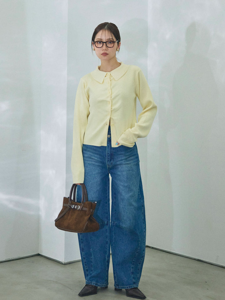 【Allure】[SET]襟付きギャザーニットカーディガン+アシメカーブデニムパンツ(2set)