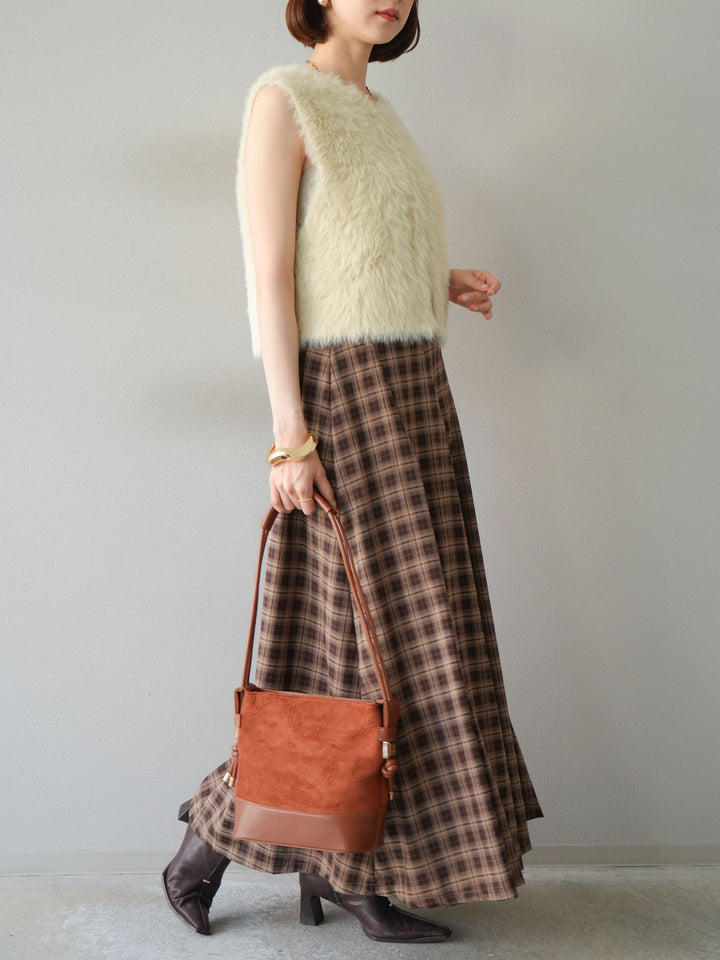 [予約]チェックタックフレアロングスカート/ ブラウン