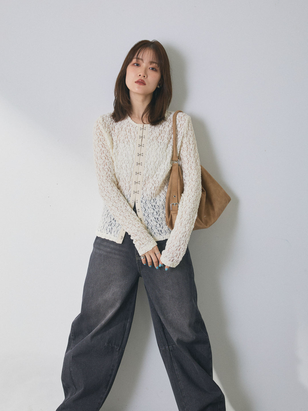 【Allure】[SET]ゴールドボタンニットカーディガン×レースブラウスSET