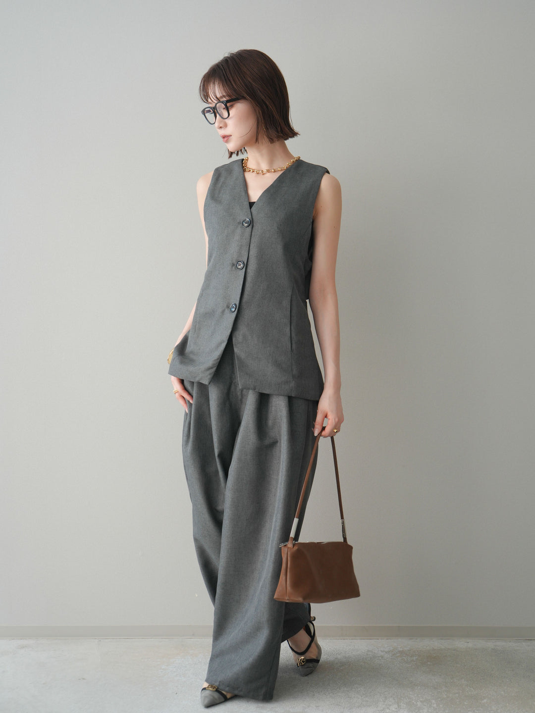 [SET]リネンライクバックオープンジレ+リネンライクタックワイドパンツ(2set)