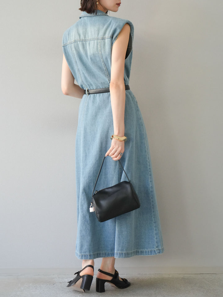 [予約]ベルト付デニムシャツデザインワンピース/ライトブルー