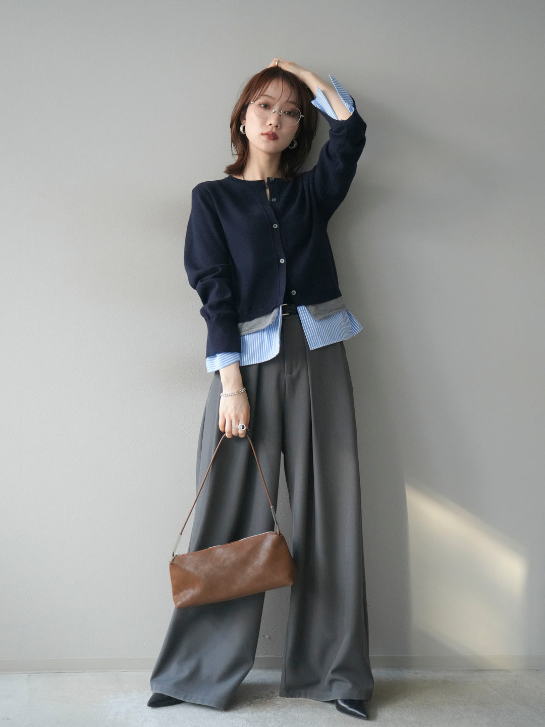 [SET]シャツ襟レイヤードニットカーディガン+ベルトループデザインワイドパンツ(2set)
