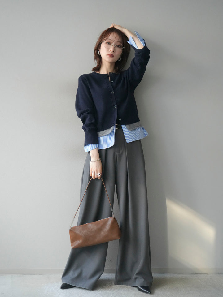 [SET]シャツ襟レイヤードニットカーディガン+ベルトループデザインワイドパンツ(2set)
