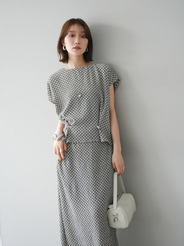 [予約]チェック柄タックデザインフレンチスリーブトップス/ブラック