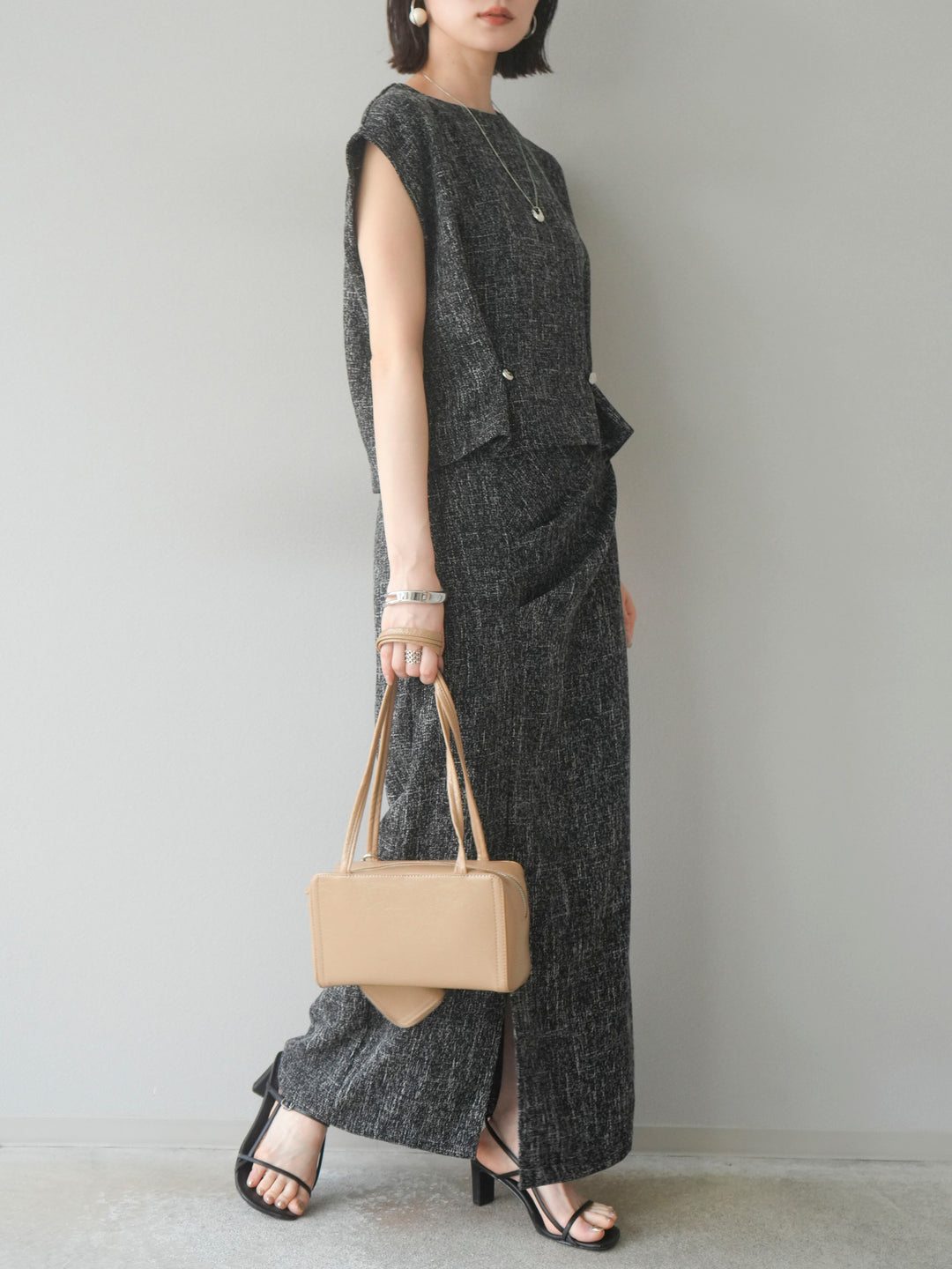 [予約]サマーツイードタックサイドスリットスカート/ブラックホワイト