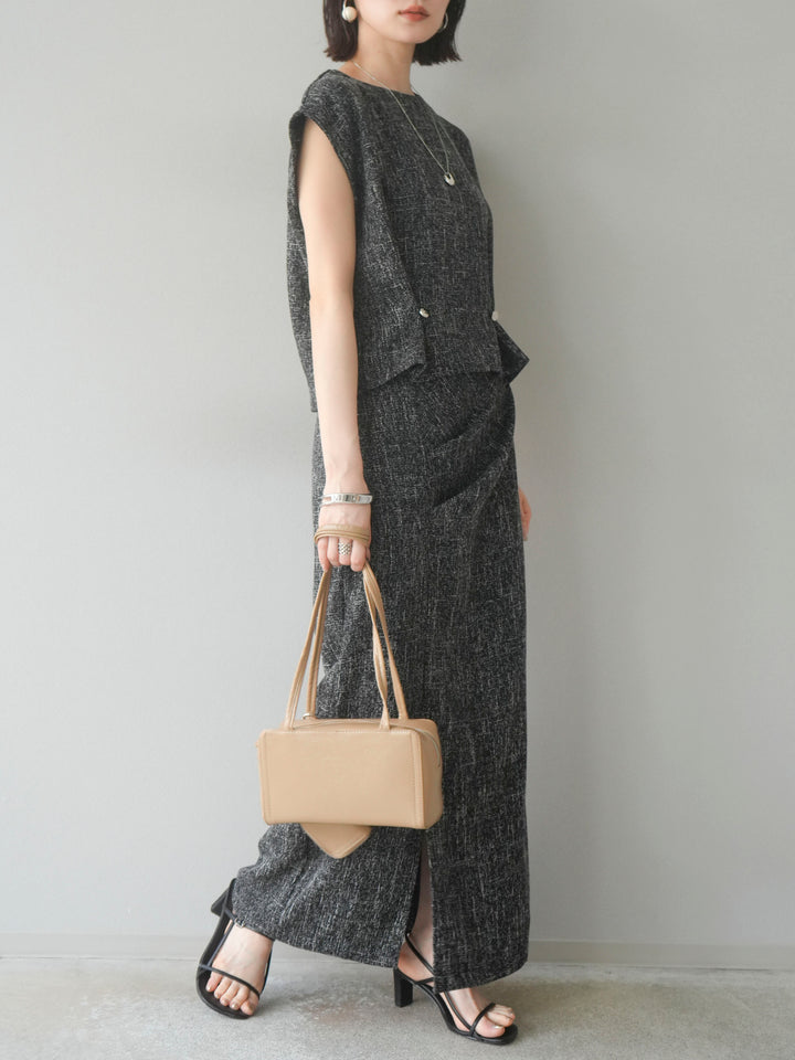 [予約]サマーツイードタックサイドスリットスカート/ブラックホワイト