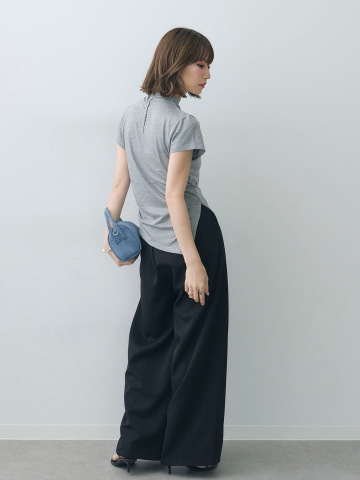 [SET]ヘムアシメバックボタンデザインフレンチトップ+クレープデシンタックワイドパンツ(2set)