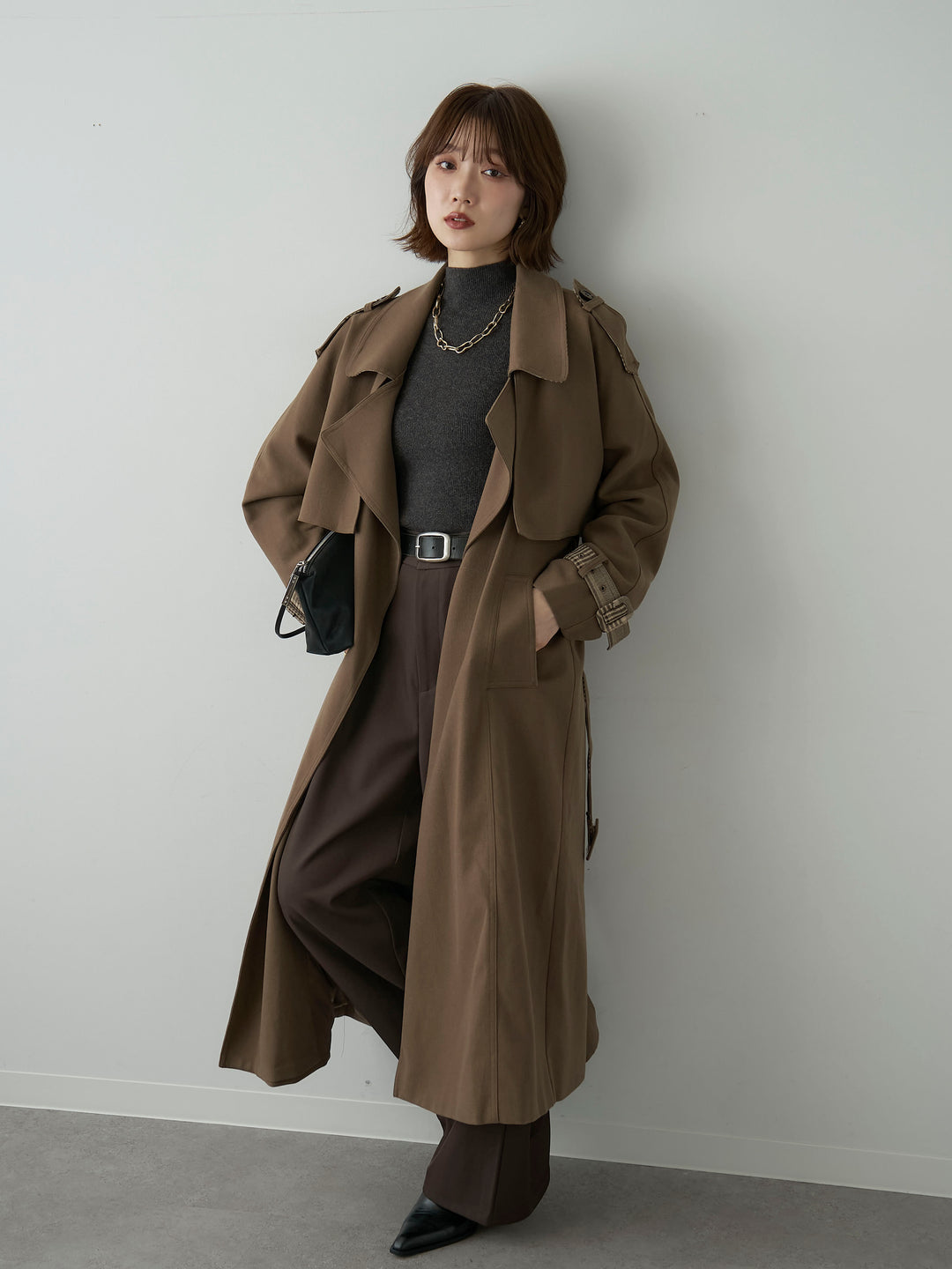 [SET]チェックコンビトレンチコート+リブモックネックニットトップス+ツイルタックワイドパンツ(3set)