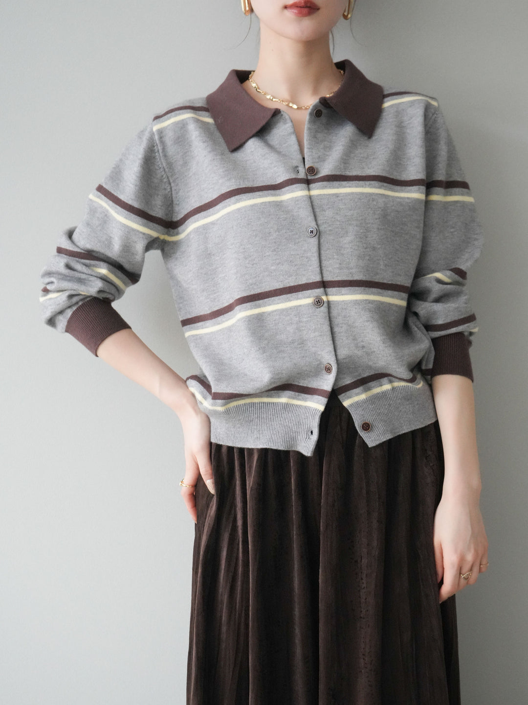 [予約]配色マルチボーダーポロニットカーディガン/gray