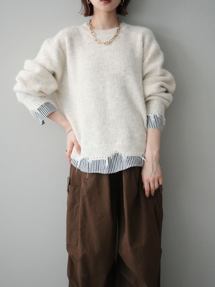 [SET]裾シャツレイヤードダメージニットプルオーバー+コットンタックループパンツ(2set)