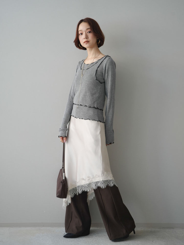 [SET]バイカラーメローアンサンブルシアーニットトップス+センターシームフレアパンツ+サテンライクアシメレーススカート(3set)