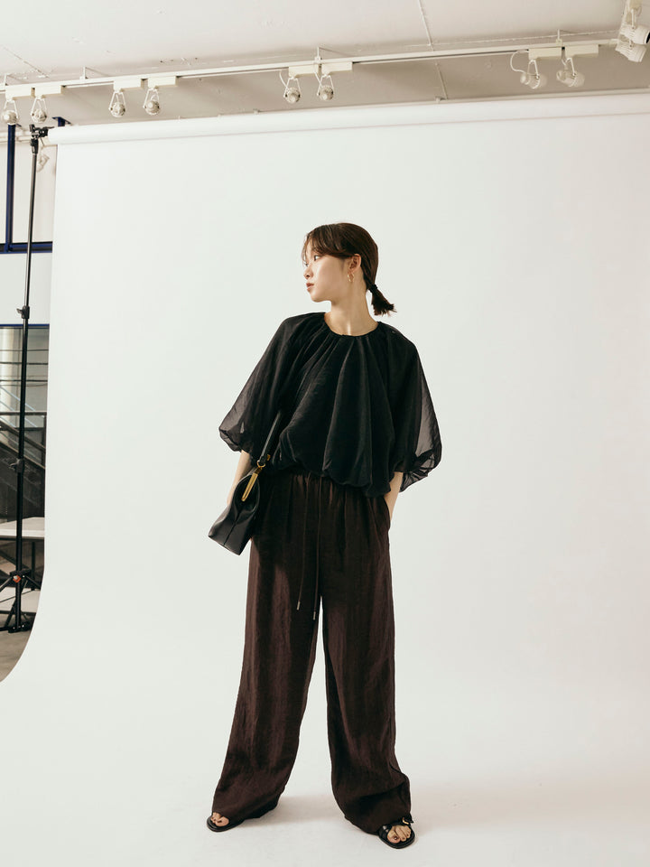 【Allure】[SET]オーガンジーバルーンショートブラウス+シャイニースラブシアーワイドパンツ(2set)