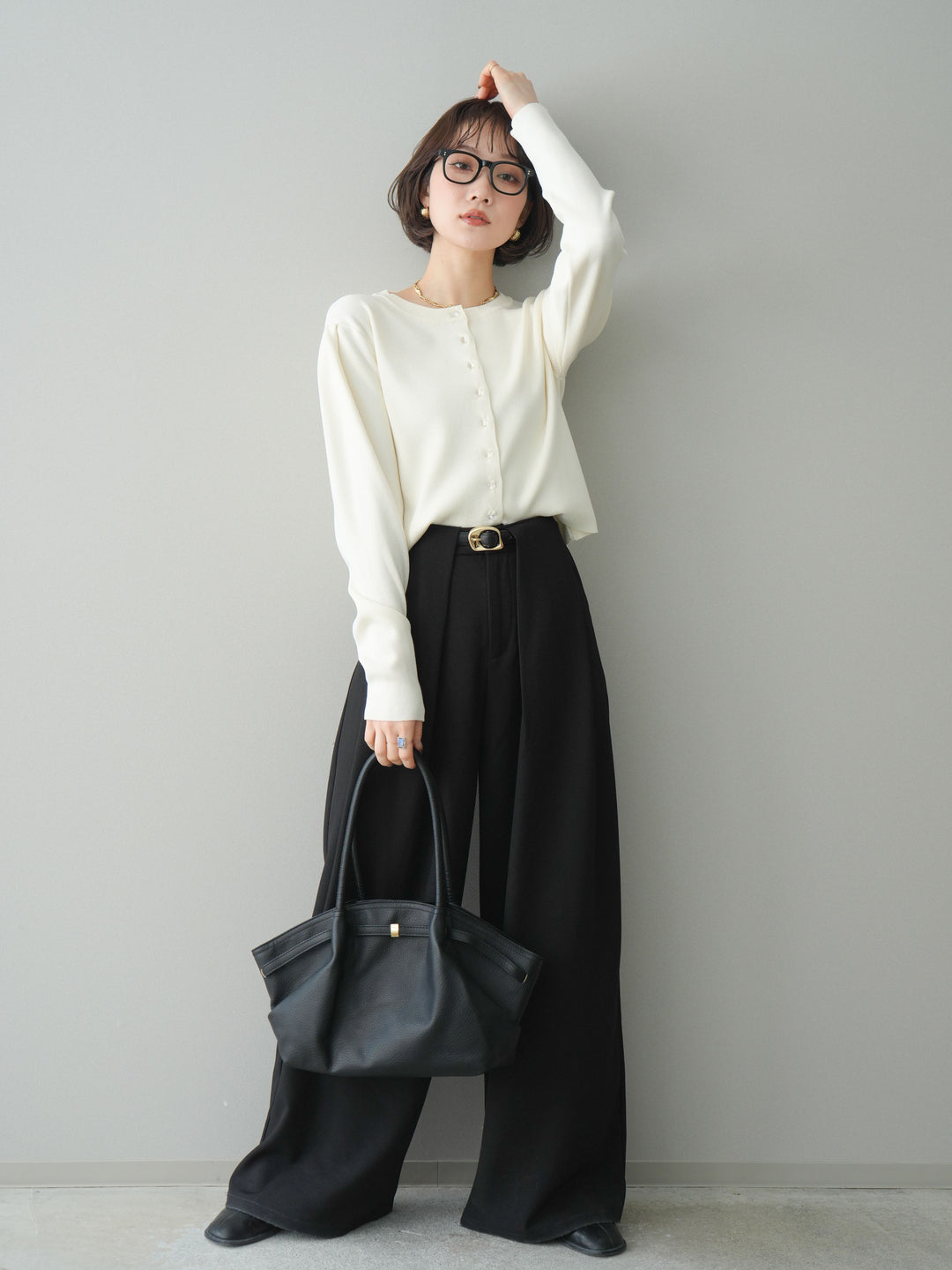 [SET]クリアボタンタックニットカーディガン+ベルトループデザインワイドパンツ(2set)