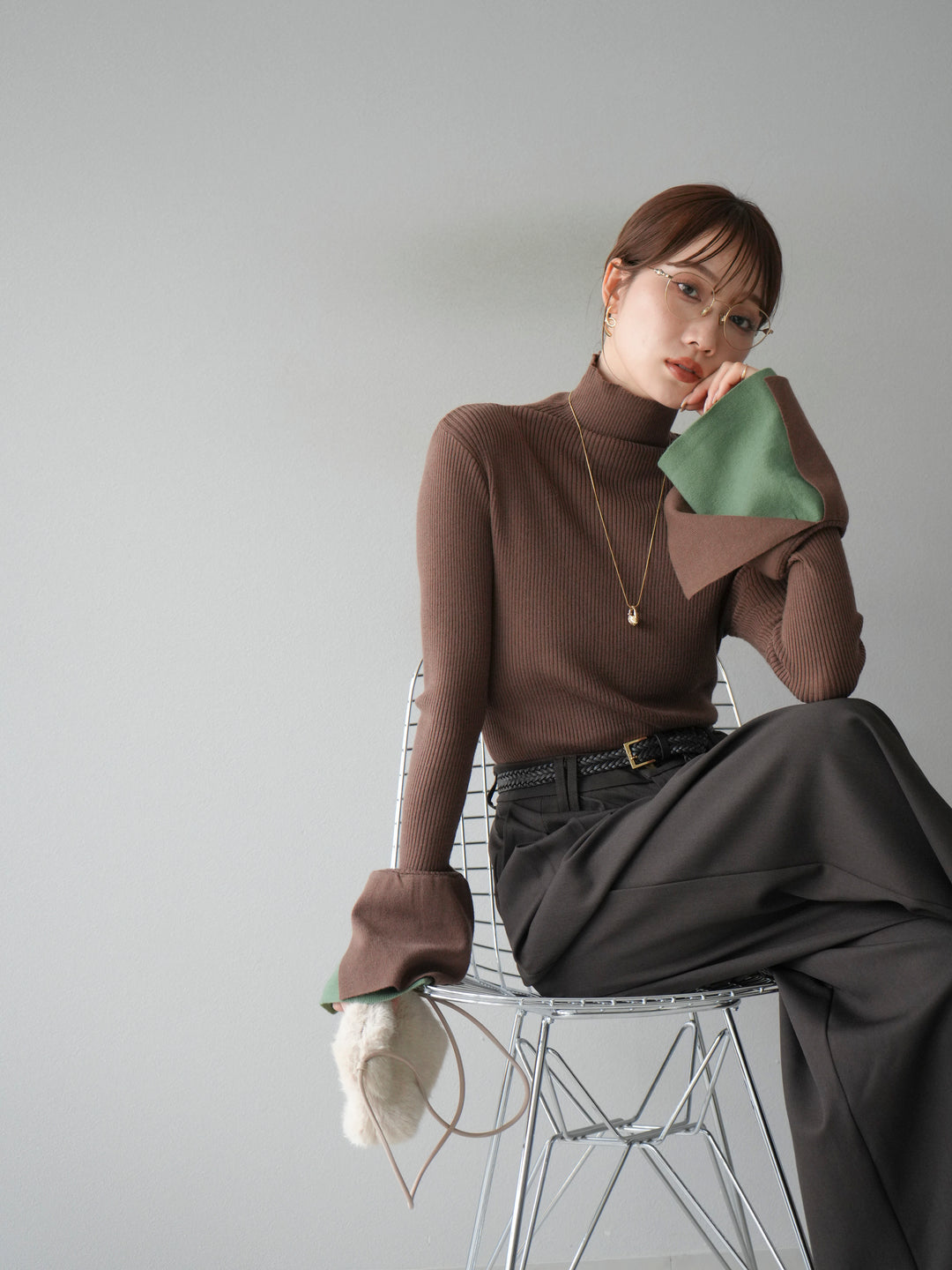 [予約]レイヤードフレアスリーブハイネックニットトップス/ブラウン