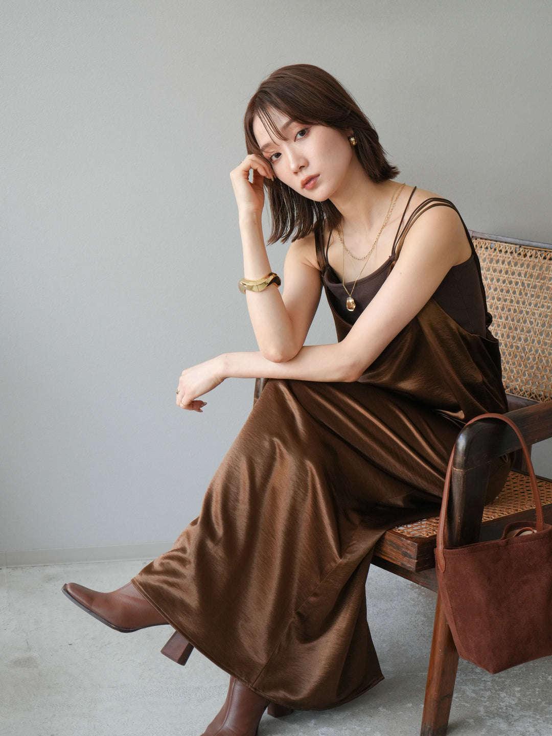 [予約]サテンキャミワンピース/ブラウン