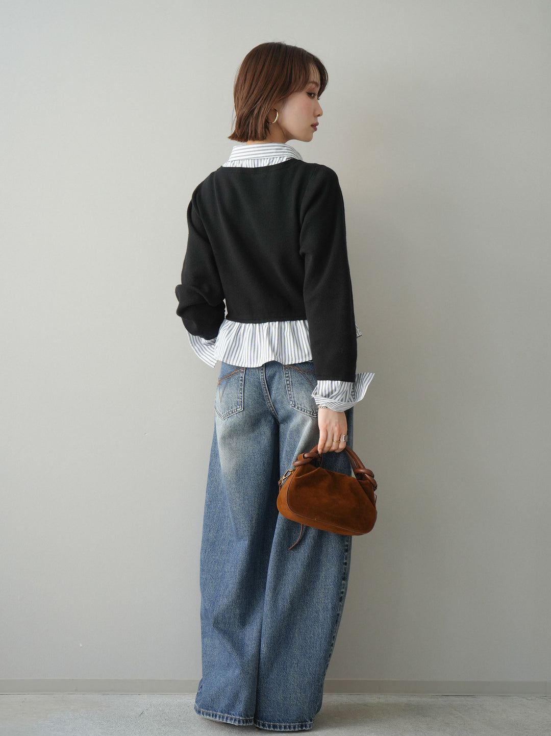 [SET]ストライプシャツUネックドッキングニットプルオーバー+ダメージデニムセミワイドパンツ(2set)