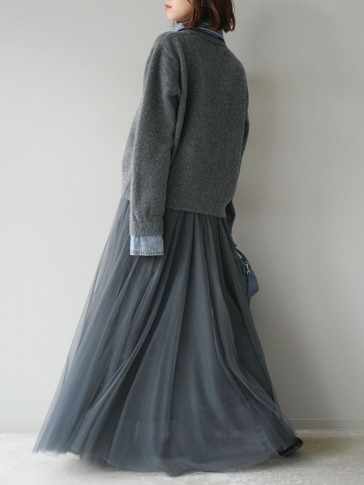 [SET]デニム襟ボタンニットカーディガン+チュールボリュームスカート(2set)