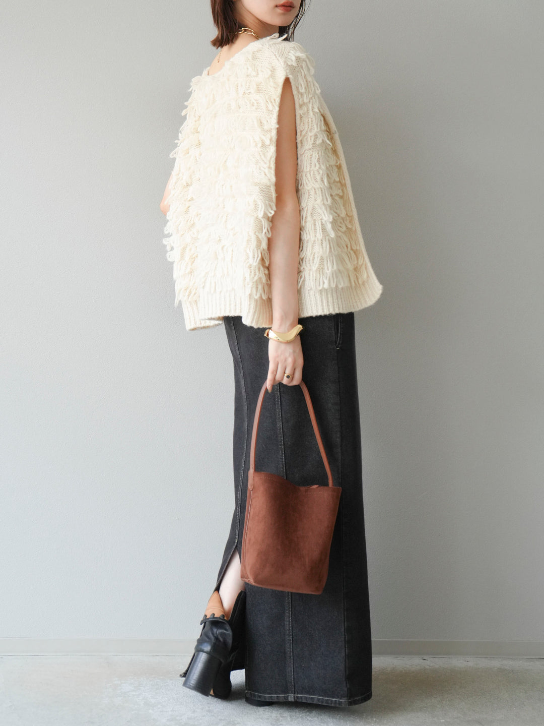 [SET]ループデザインベスト+アシンメトリーデニムワンピース(2set)