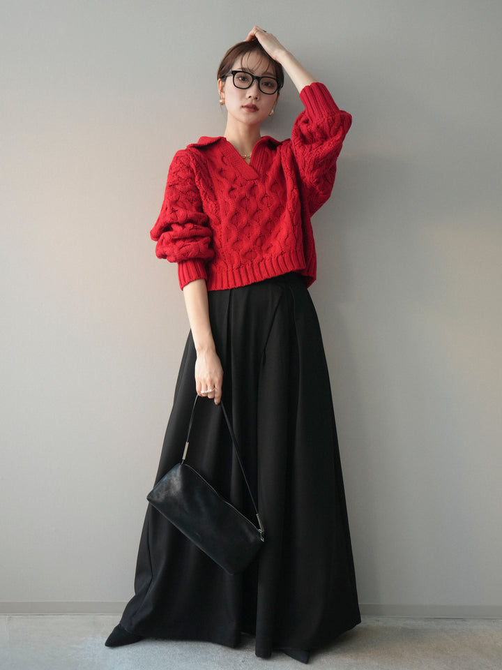 [SET]バルキーケーブルクロップド開襟プルオーバー+テープベルトタックバギーパンツ(2set)