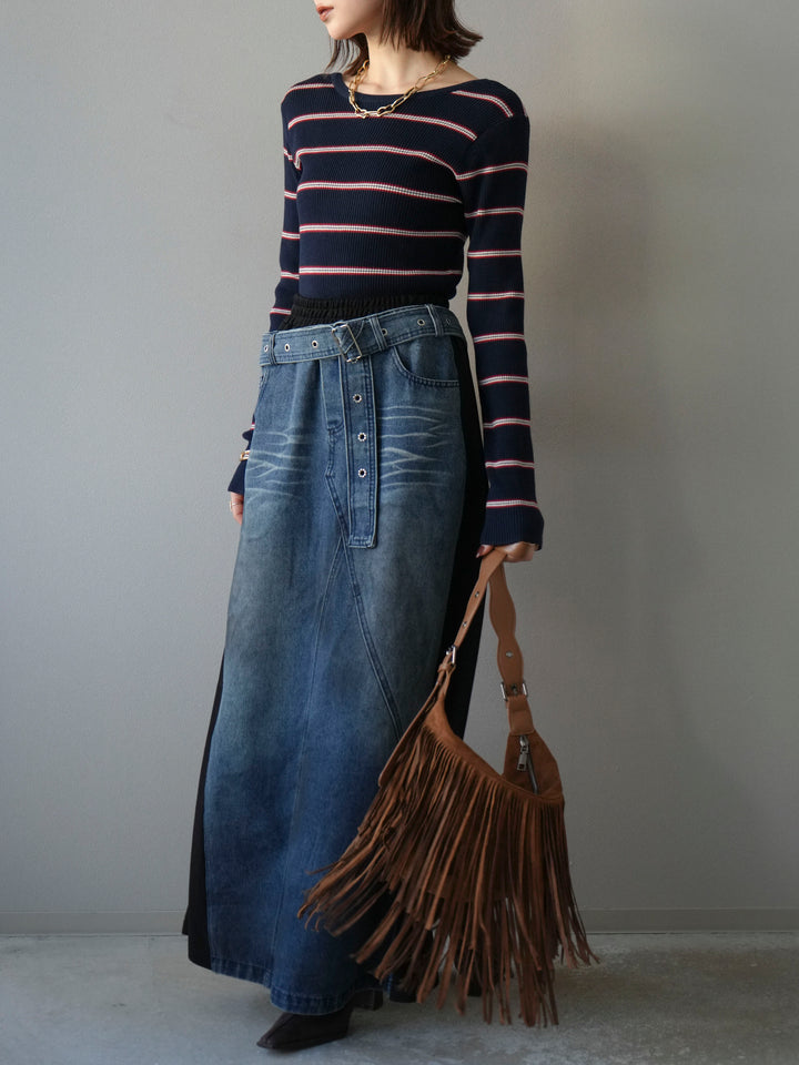 [予約]バックオープンボーダーテレコリブトップス/ネイビー