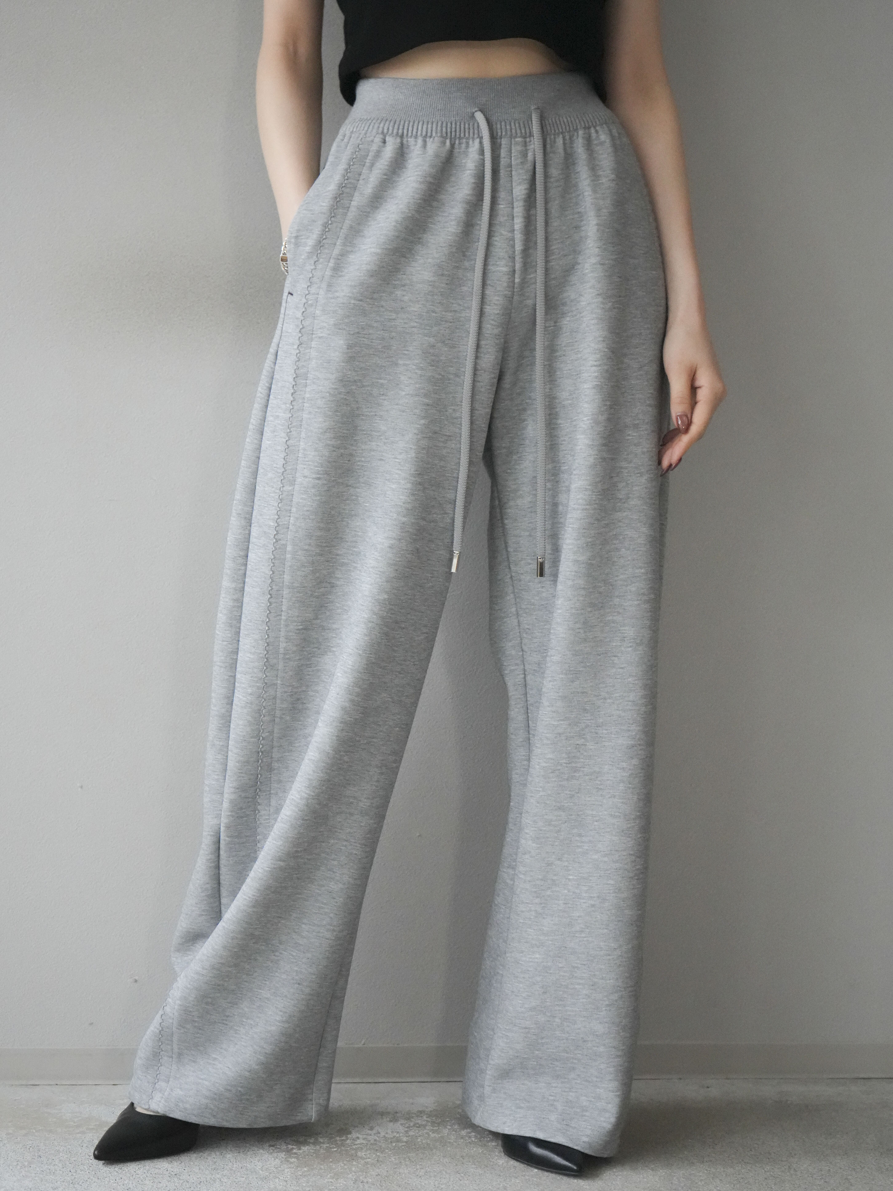 予約]ステッチデザインウエストリブニットスエットパンツ/lightgray