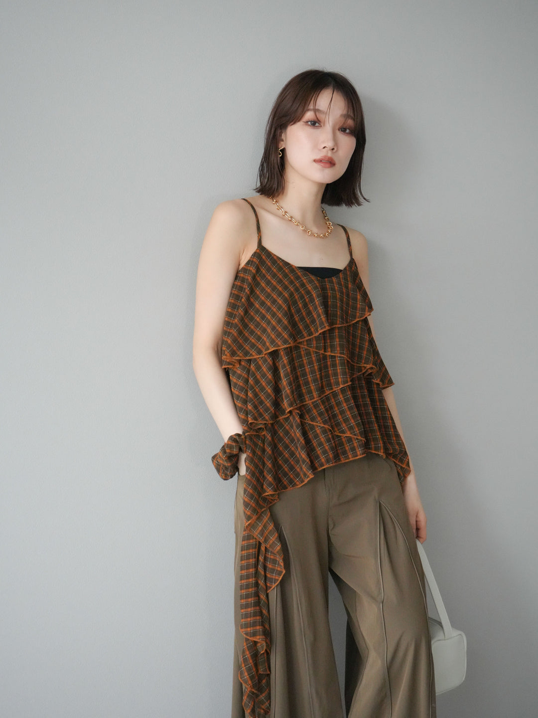 [予約]チェック柄ラッフルキャミソール/ブラウン