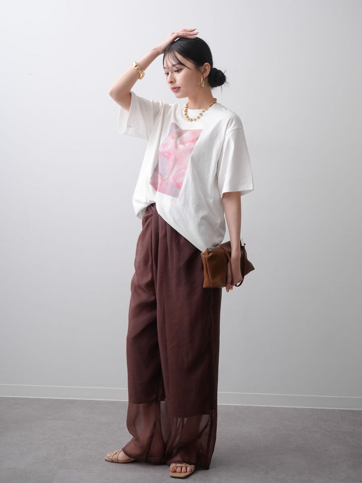 [SET]ニュアンスフローラルフォトTEE+シアーレイヤードフロントタックイージパンツ(2set)